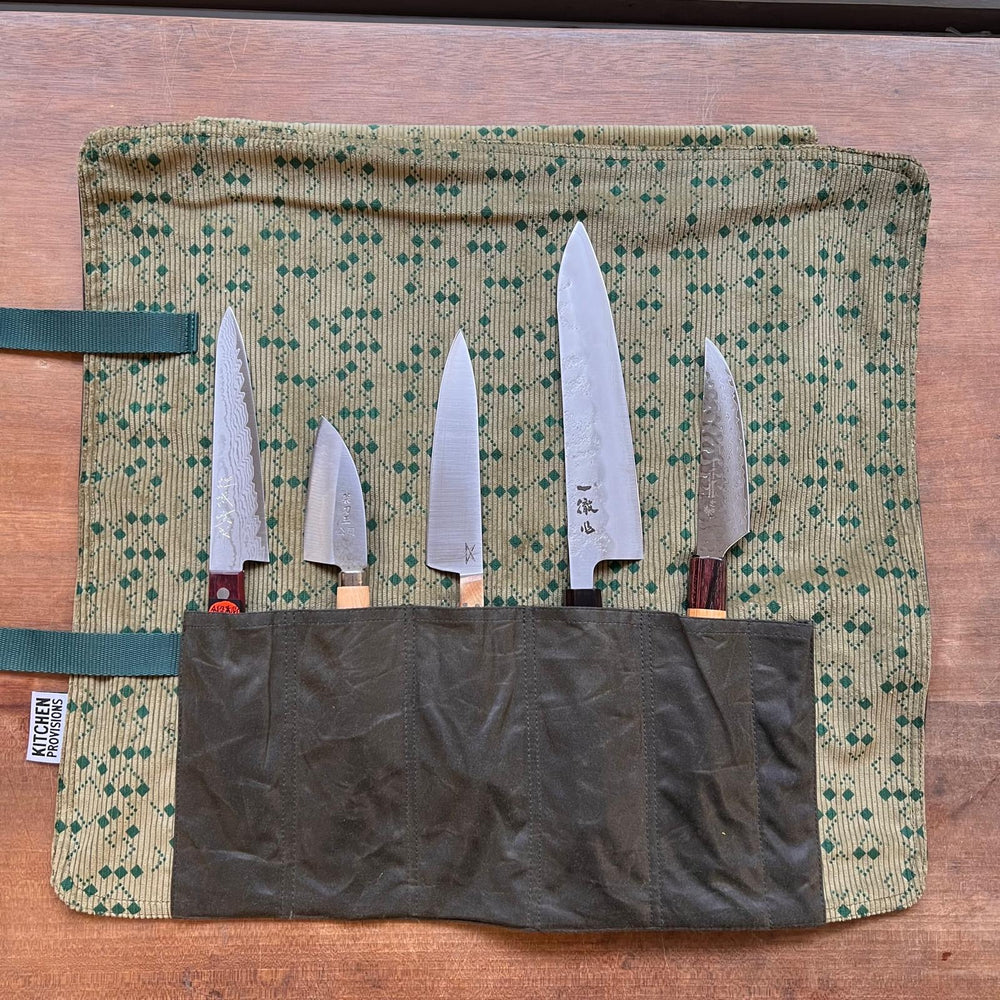 Kitchen Provisions Merch - the knife roll - WAX COTTON / DEADSTOCK SUITING FABRIC - Design B