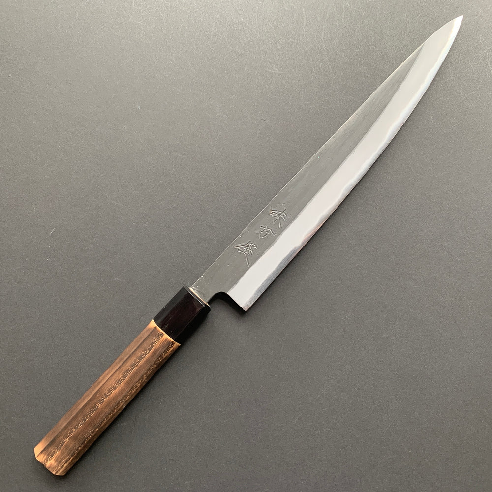 Sujihiki knife, Shirogami 2 with iron cladding, Burnt Chestnut handle, Kurouchi finish - Mutsumi Hinoura