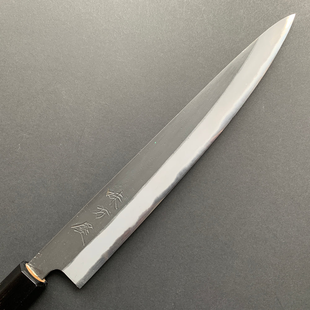 Sujihiki knife, Shirogami 2 with iron cladding, Burnt Chestnut handle, Kurouchi finish - Mutsumi Hinoura