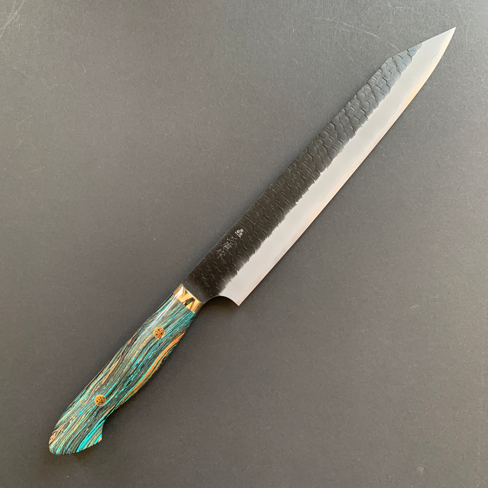 Kiritsuke Sujihiki knife, SG2 powder steel, Kurouchi and Tsuchime finish, Turquoise handle - Nigara