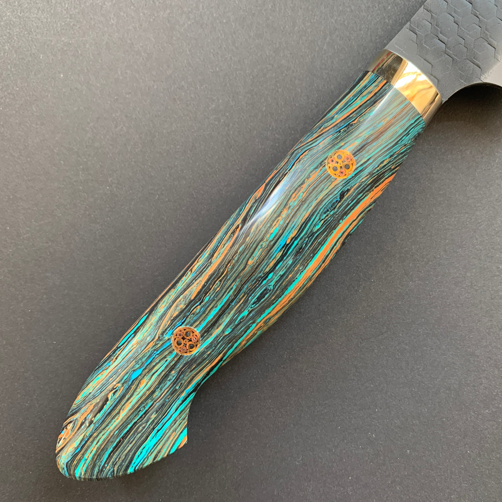 Kiritsuke Sujihiki knife, SG2 powder steel, Kurouchi and Tsuchime finish, Turquoise handle - Nigara