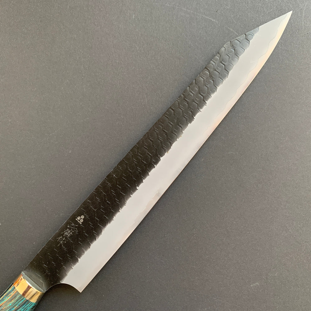 Kiritsuke Sujihiki knife, SG2 powder steel, Kurouchi and Tsuchime finish, Turquoise handle - Nigara