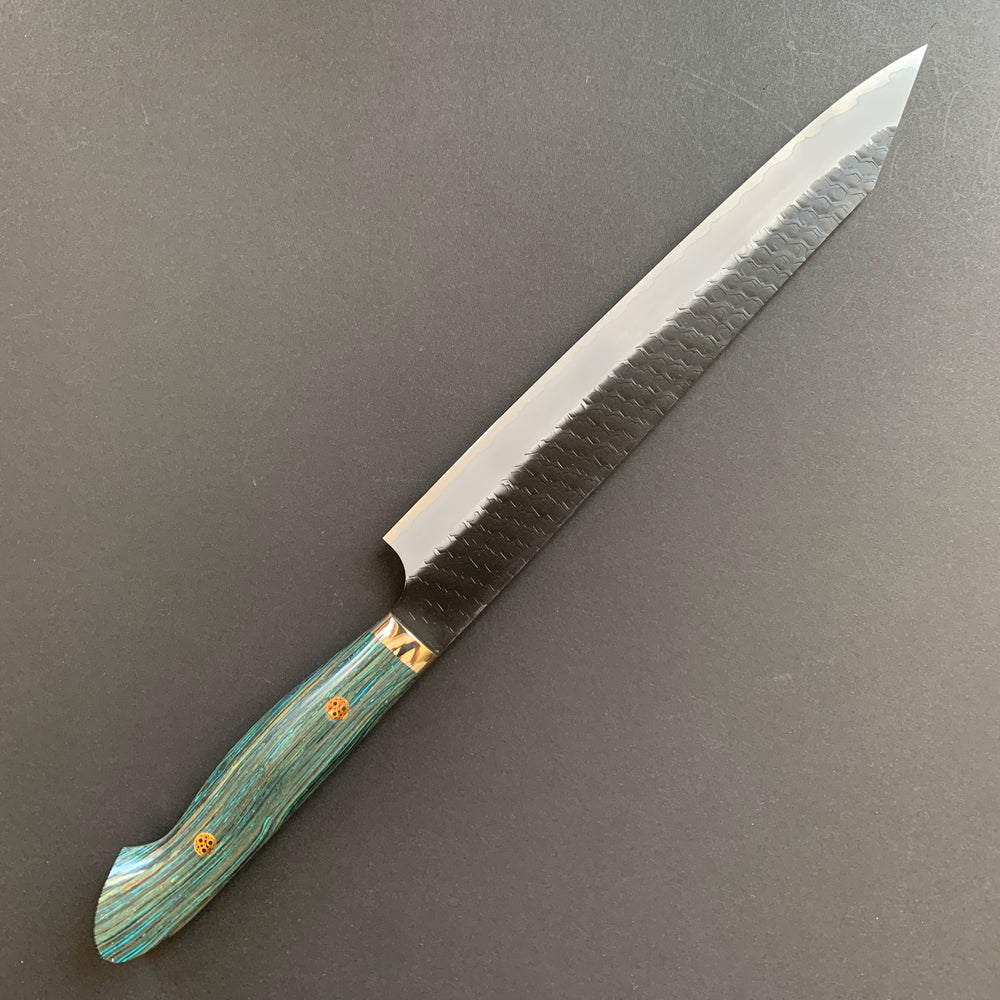 Kiritsuke Sujihiki knife, SG2 powder steel, Kurouchi and Tsuchime finish, Turquoise handle - Nigara