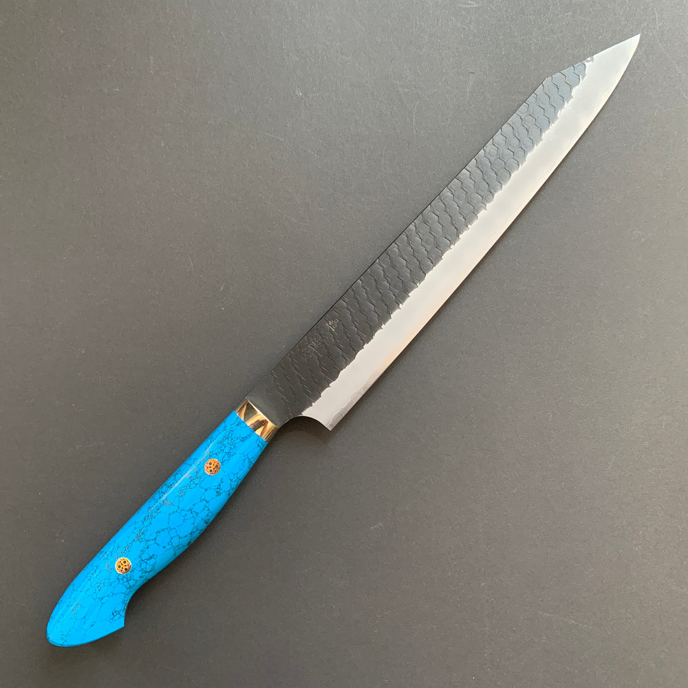 Kiritsuke Sujihiki knife, SG2 powder steel, Kurouchi and Tsuchime finish, Turquoise handle - Nigara