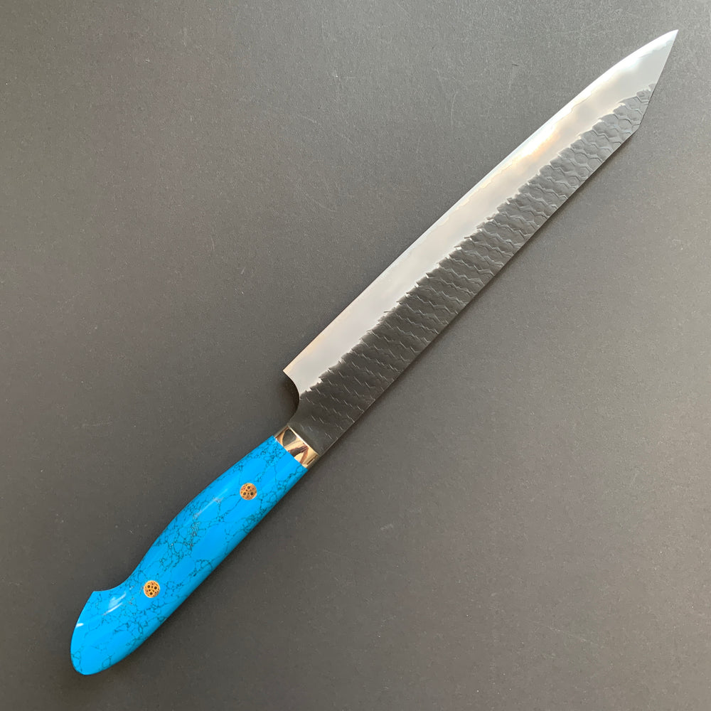 Kiritsuke Sujihiki knife, SG2 powder steel, Kurouchi and Tsuchime finish, Turquoise handle - Nigara