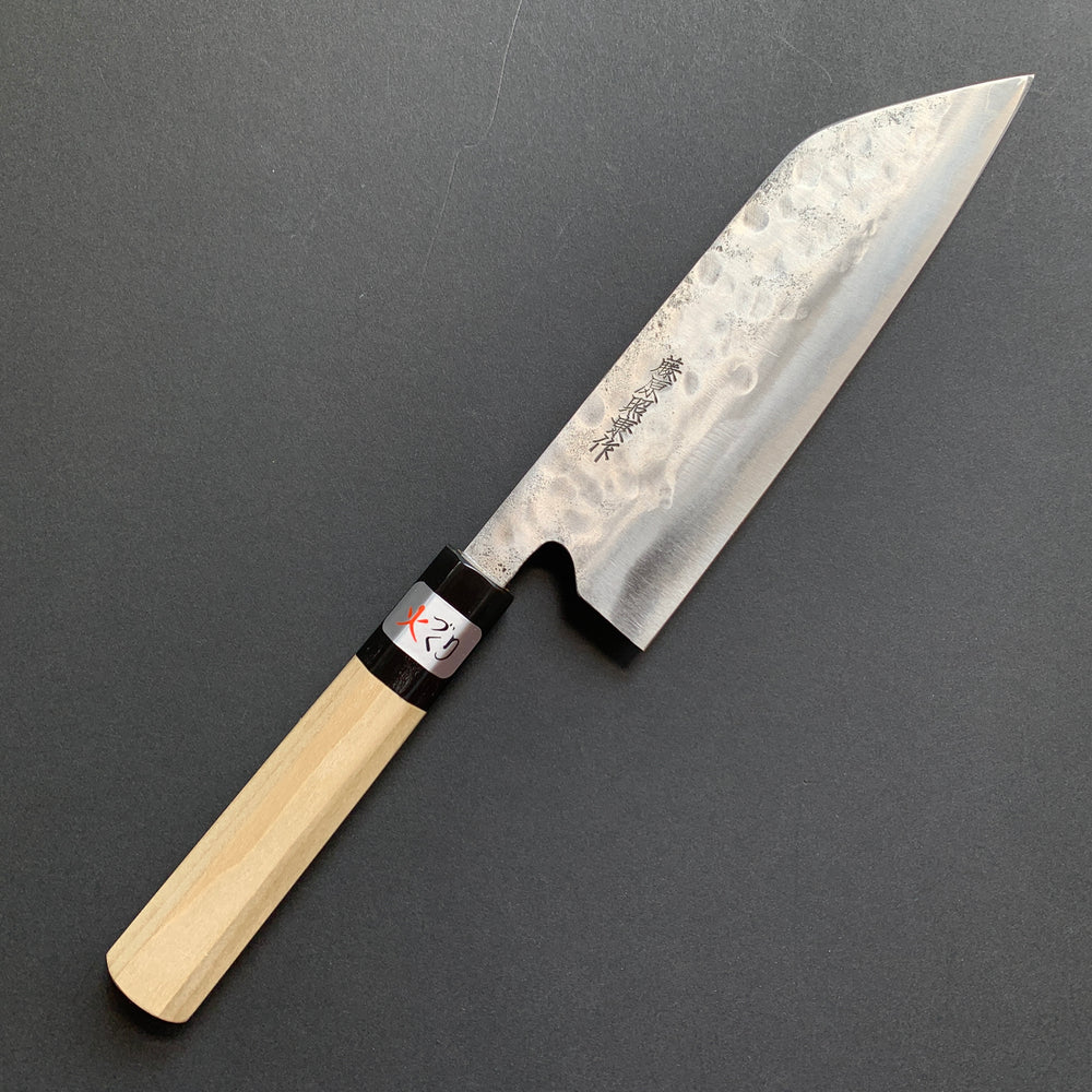 Santoku knife, Shirogami 1 with stainless steel cladding, nashiji finish, wa handle, Maboroshi range- Fujiwara