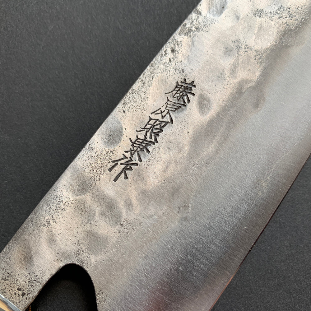 Santoku knife, Shirogami 1 with stainless steel cladding, nashiji finish, wa handle, Maboroshi range- Fujiwara