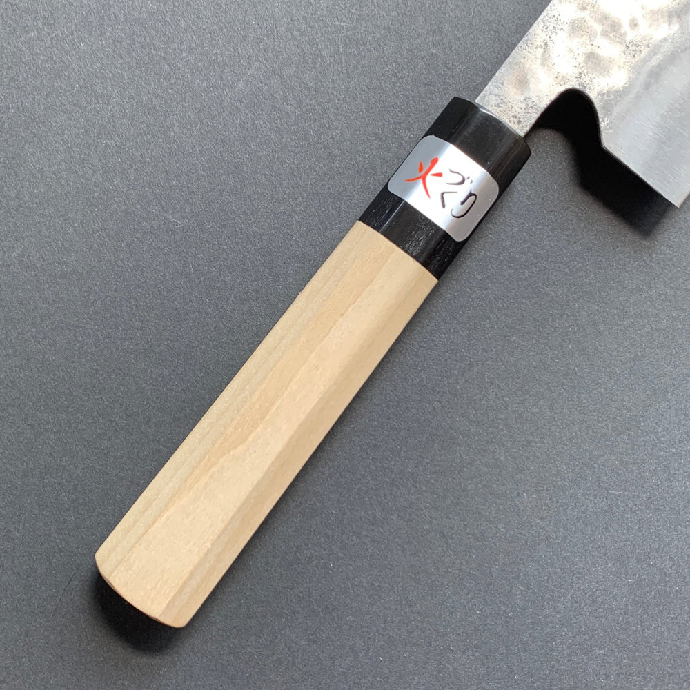 Santoku knife, Shirogami 1 with stainless steel cladding, nashiji finish, wa handle, Maboroshi range- Fujiwara