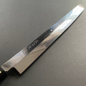 Honyaki Sakimaru yanagiba knife, Shirogami 1 Carbon steel, Water quenched, Fuji-san hamon, mirror polish finish - Ikeda