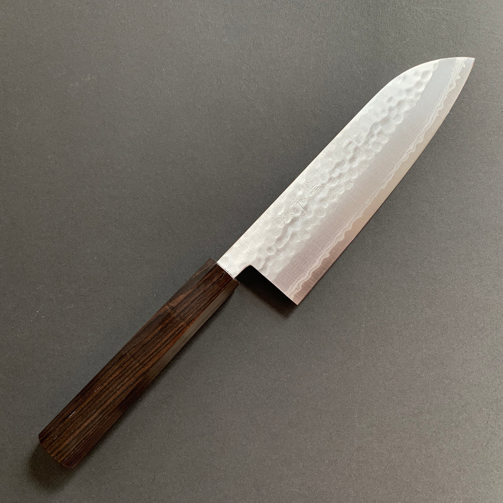 Santoku knife, VG10, damascus and tsuchime finish, Wa handle - Masutani