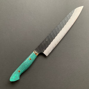 Gyuto knife, SG2 powder steel, Kurouchi and Tsuchime finish, Turquoise handle - Nigara