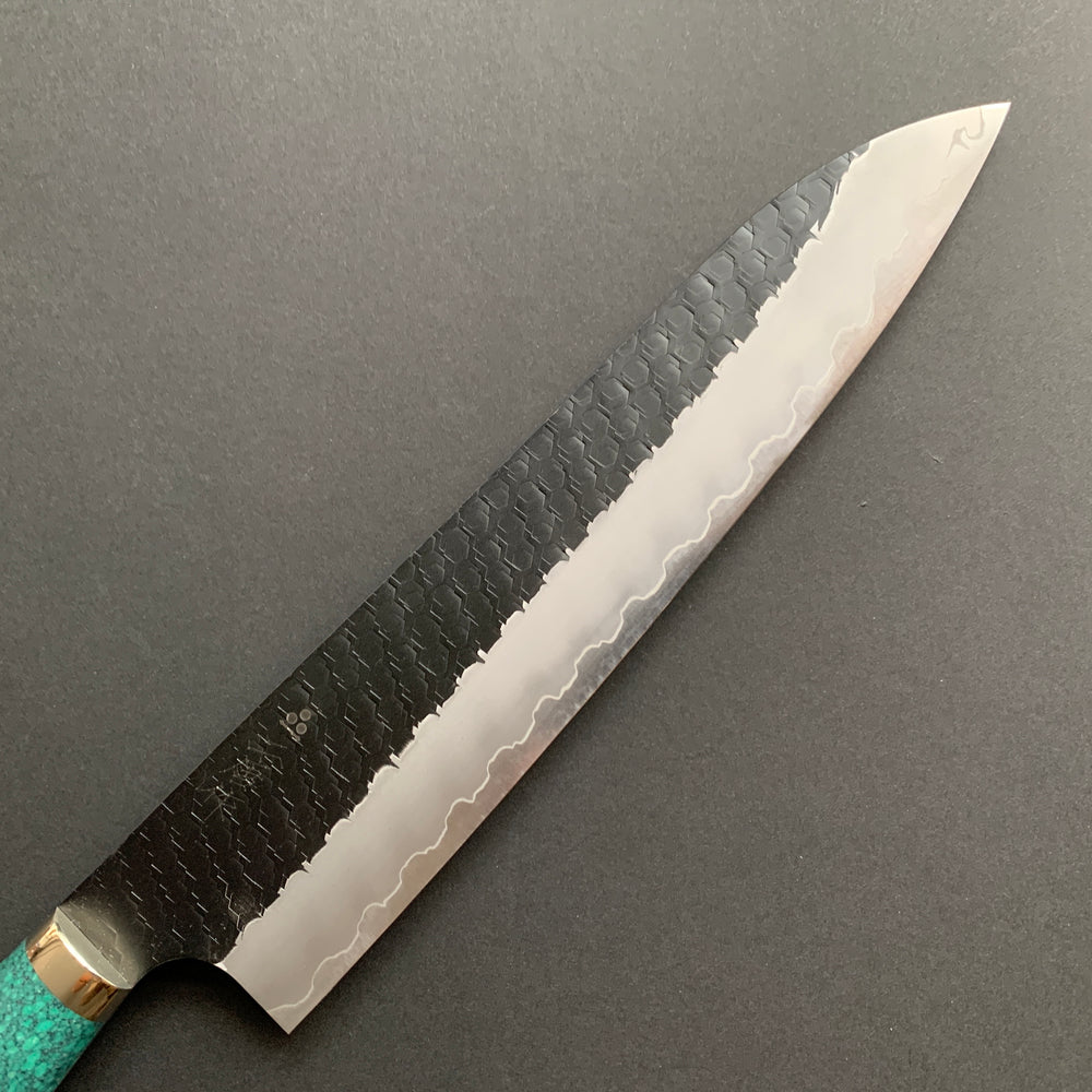 Gyuto knife, SG2 powder steel, Kurouchi and Tsuchime finish, Turquoise handle - Nigara