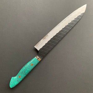 Gyuto knife, SG2 powder steel, Kurouchi and Tsuchime finish, Turquoise handle - Nigara