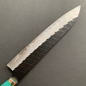 Gyuto knife, SG2 powder steel, Kurouchi and Tsuchime finish, Turquoise handle - Nigara