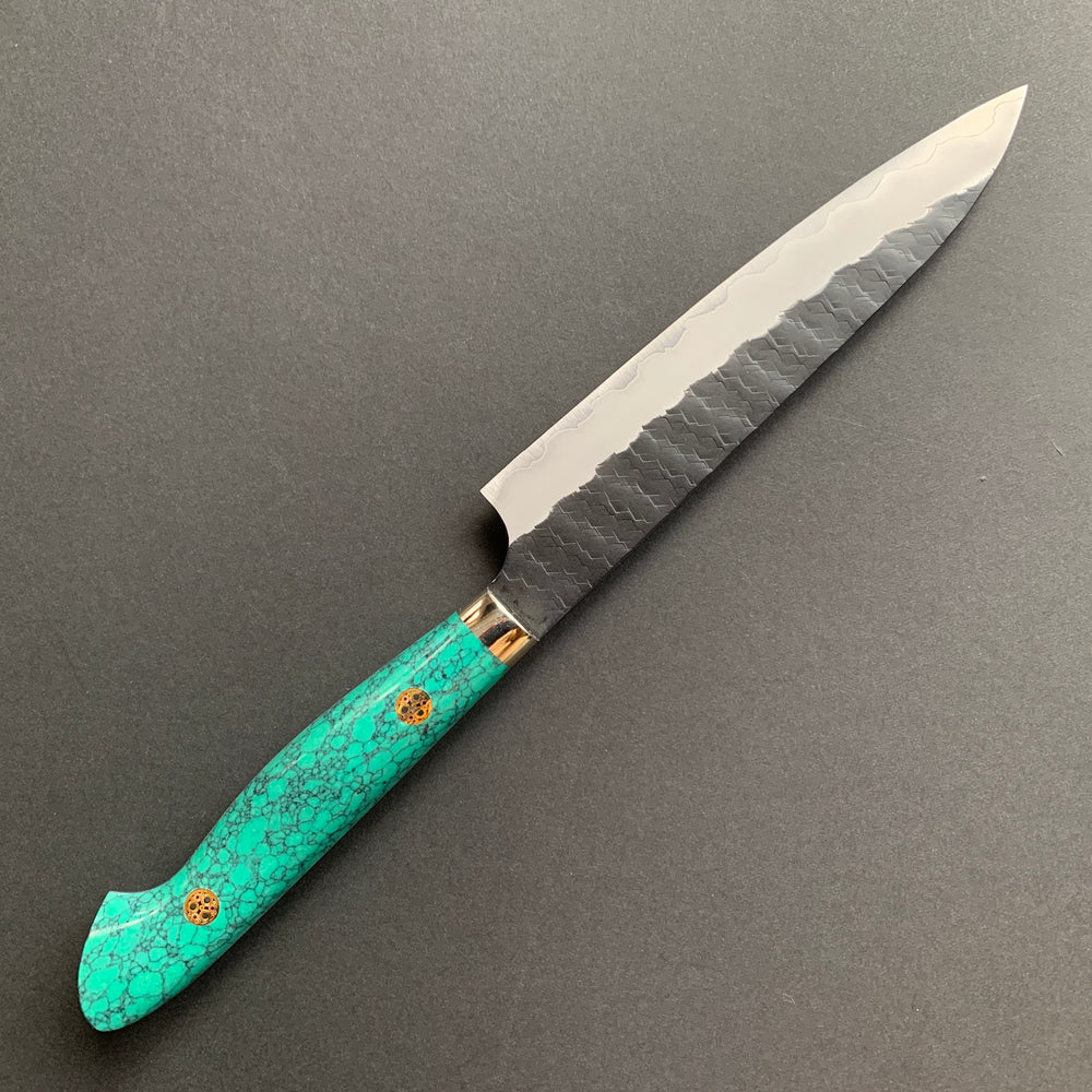 Petty knife, SG2 powder steel, Kurouchi Tsuchime finish, Western style Turquoise handle - Nigara