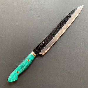 Kiritsuke Sujihiki knife, SG2 powder steel, Kurouchi and Tsuchime finish, Turquoise handle - Nigara