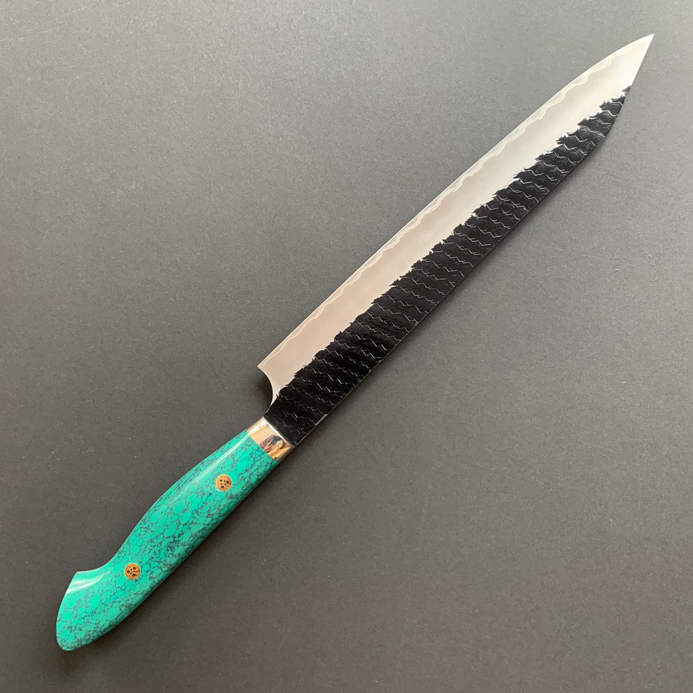 Kiritsuke Sujihiki knife, SG2 powder steel, Kurouchi and Tsuchime finish, Turquoise handle - Nigara