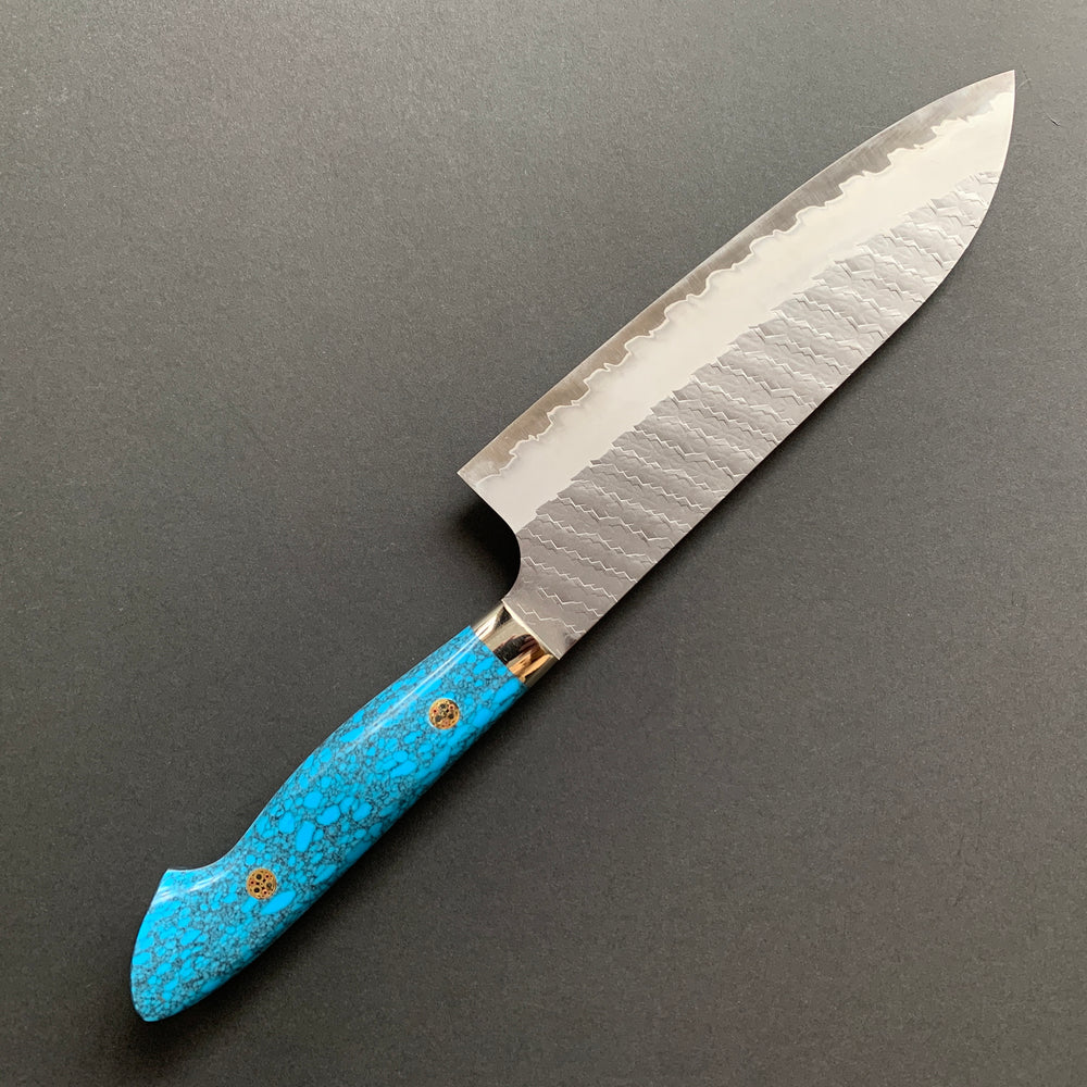 Santoku knife, SG2 powder steel, tsuchime finish, Western style Turquoise handle - Nigara