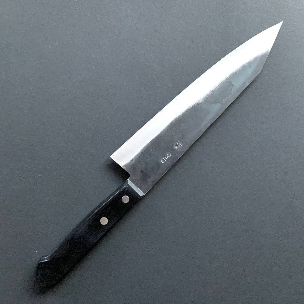 Kiritsuke Gyuto knife, Aogami 2 core, stainless clad, kurouchi finish, Western style black handle - Shigeki Tanaka