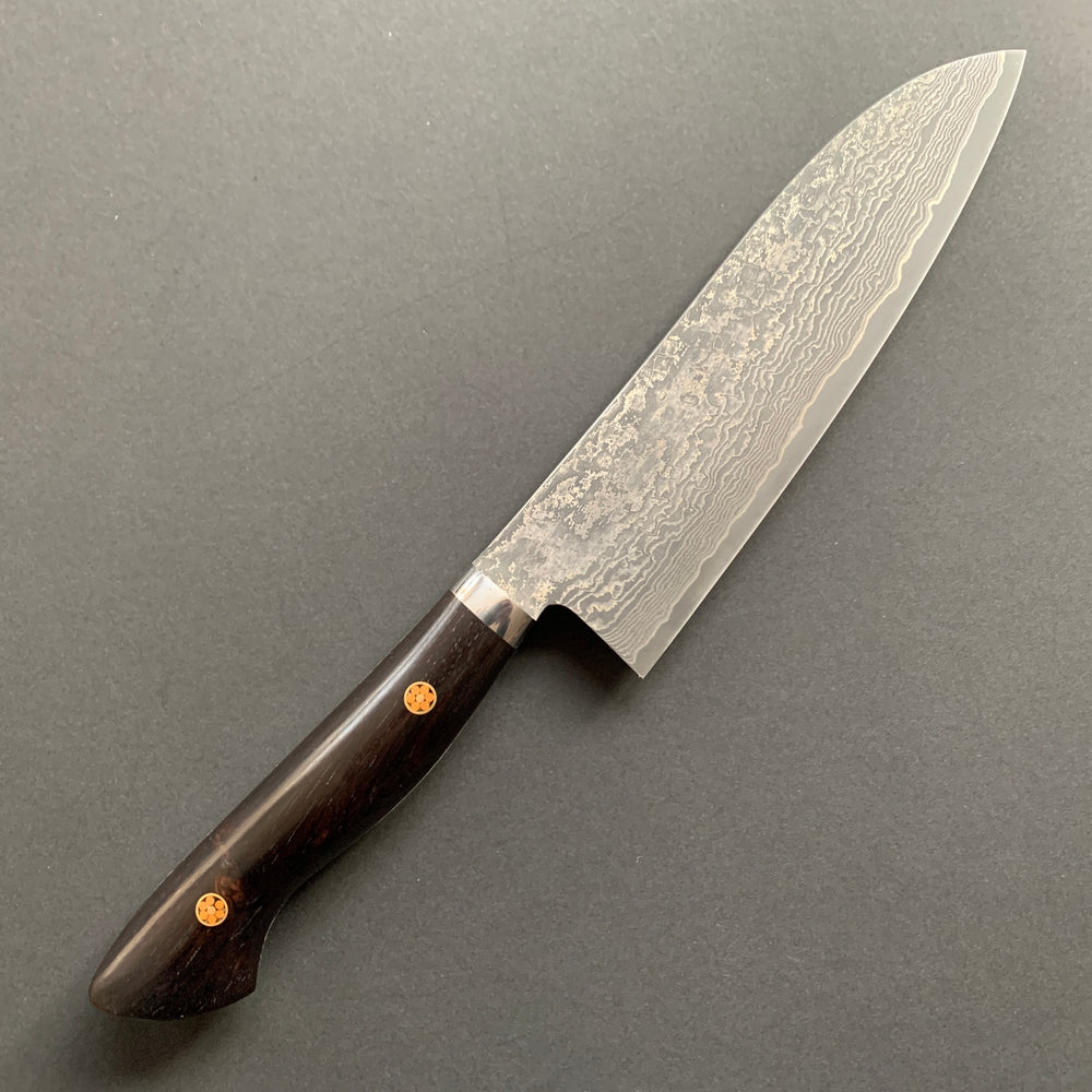 Santoku knife, SG2 powder steel, Damascus finish, Western style Desert Ironwood handle - Shigeki Tanaka