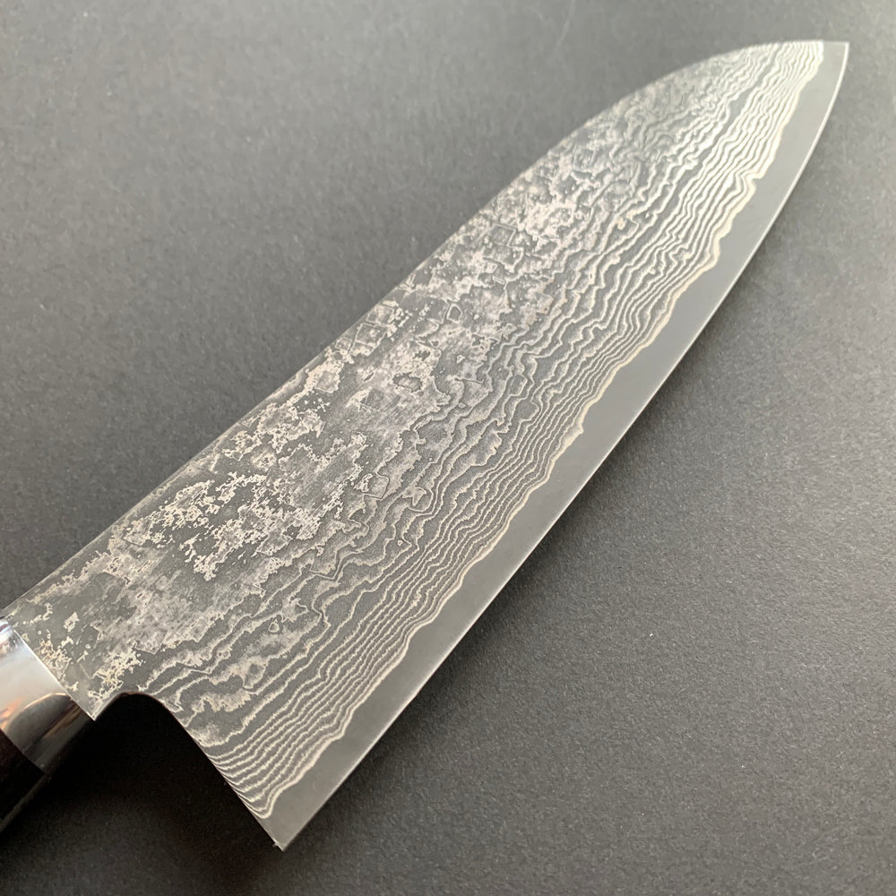 Santoku knife, SG2 powder steel, Damascus finish, Western style Desert Ironwood handle - Shigeki Tanaka