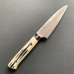 Petty knife, Aogami 2 with Stainless Steel Cladding, Damascus finish, Jigged Bone handle - Saji