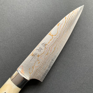 Petty knife, Aogami 2 with Stainless Steel Cladding, Damascus finish, Jigged Bone handle - Saji