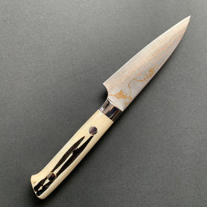 Petty knife, Aogami 2 with Stainless Steel Cladding, Damascus finish, Jigged Bone handle - Saji