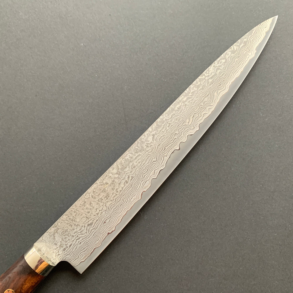 Sujihiki knife, SG2 powder steel, Damascus finish, Western style Desert Ironwood handle - Shigeki Tanaka