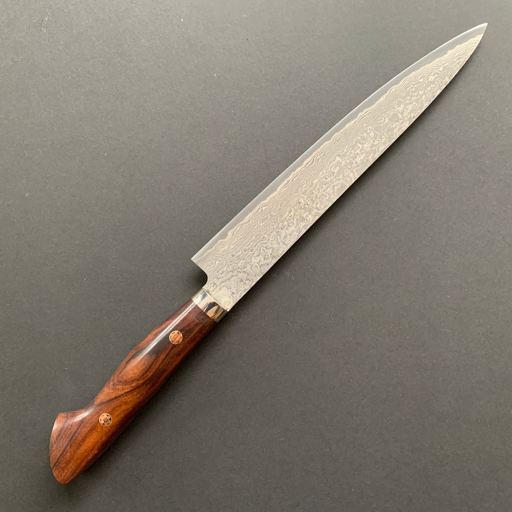 Sujihiki knife, SG2 powder steel, Damascus finish, Western style Desert Ironwood handle - Shigeki Tanaka