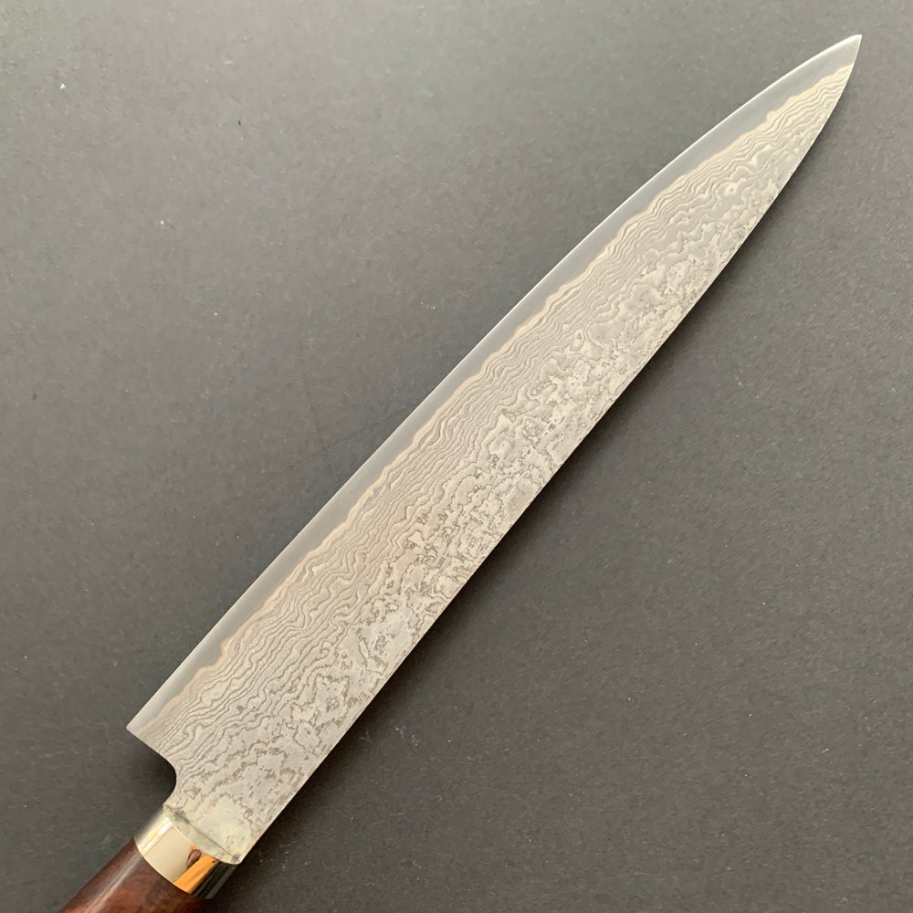 Sujihiki knife, SG2 powder steel, Damascus finish, Western style Desert Ironwood handle - Shigeki Tanaka