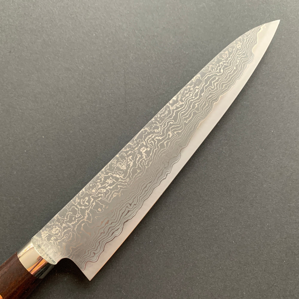 Petty knife, SG2 powder steel, Damascus finish, Western style Desert Ironwood handle - Shigeki Tanaka