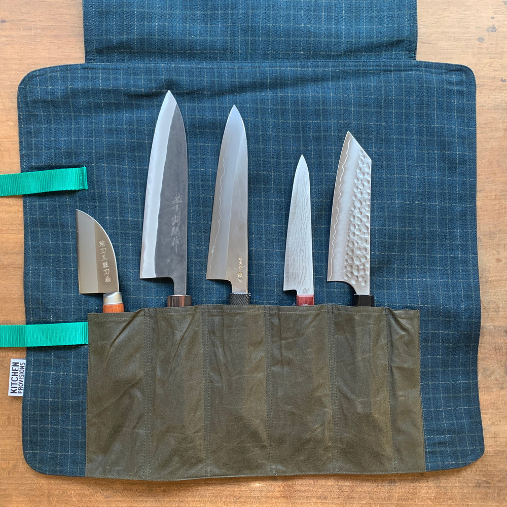 Kitchen Provisions Merch - the knife roll - WAX COTTON / DEADSTOCK SUITING FABRIC - Design D