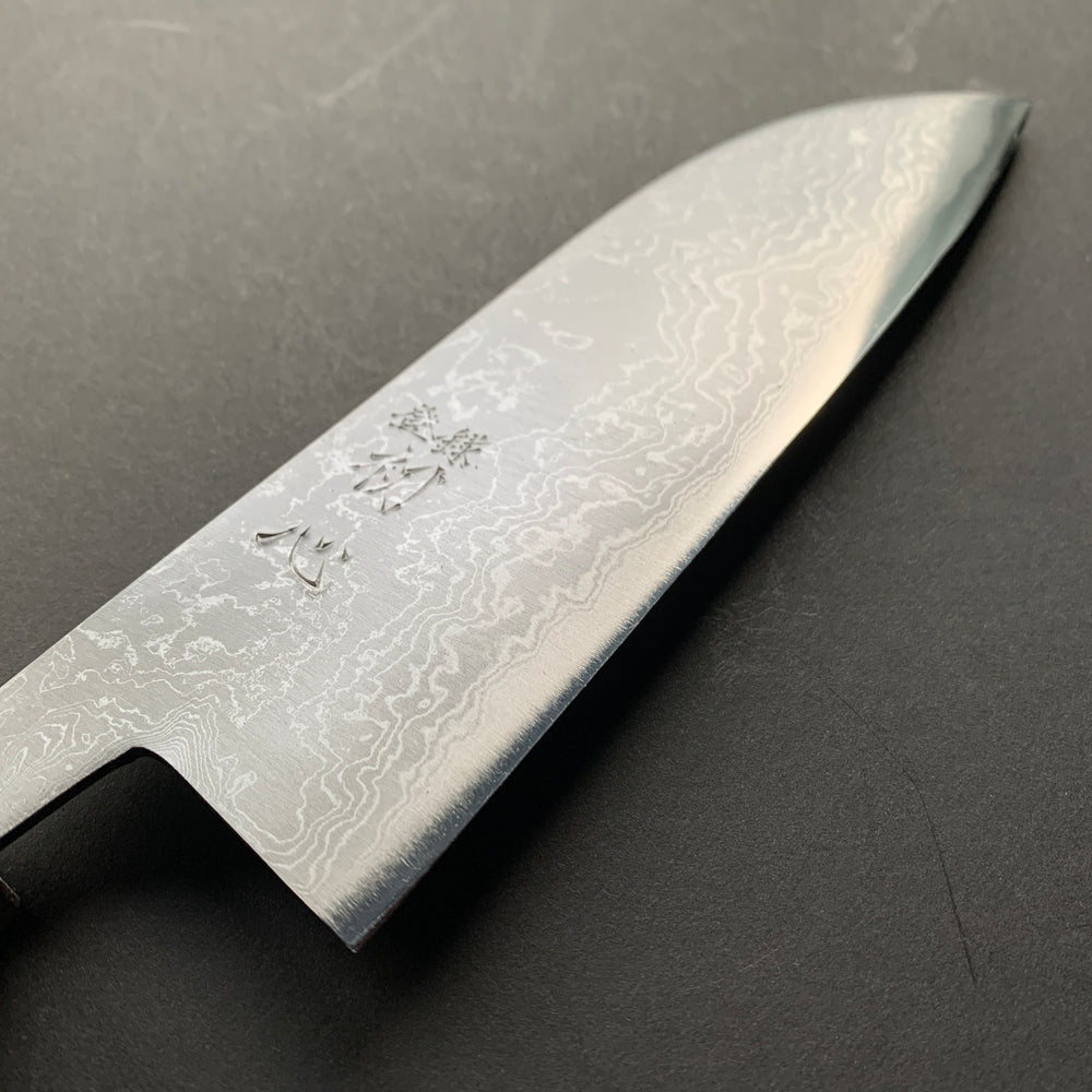 Santoku knife, Aogami 2 carbon steel, Migaki Damascus finish - Hatsukokoro