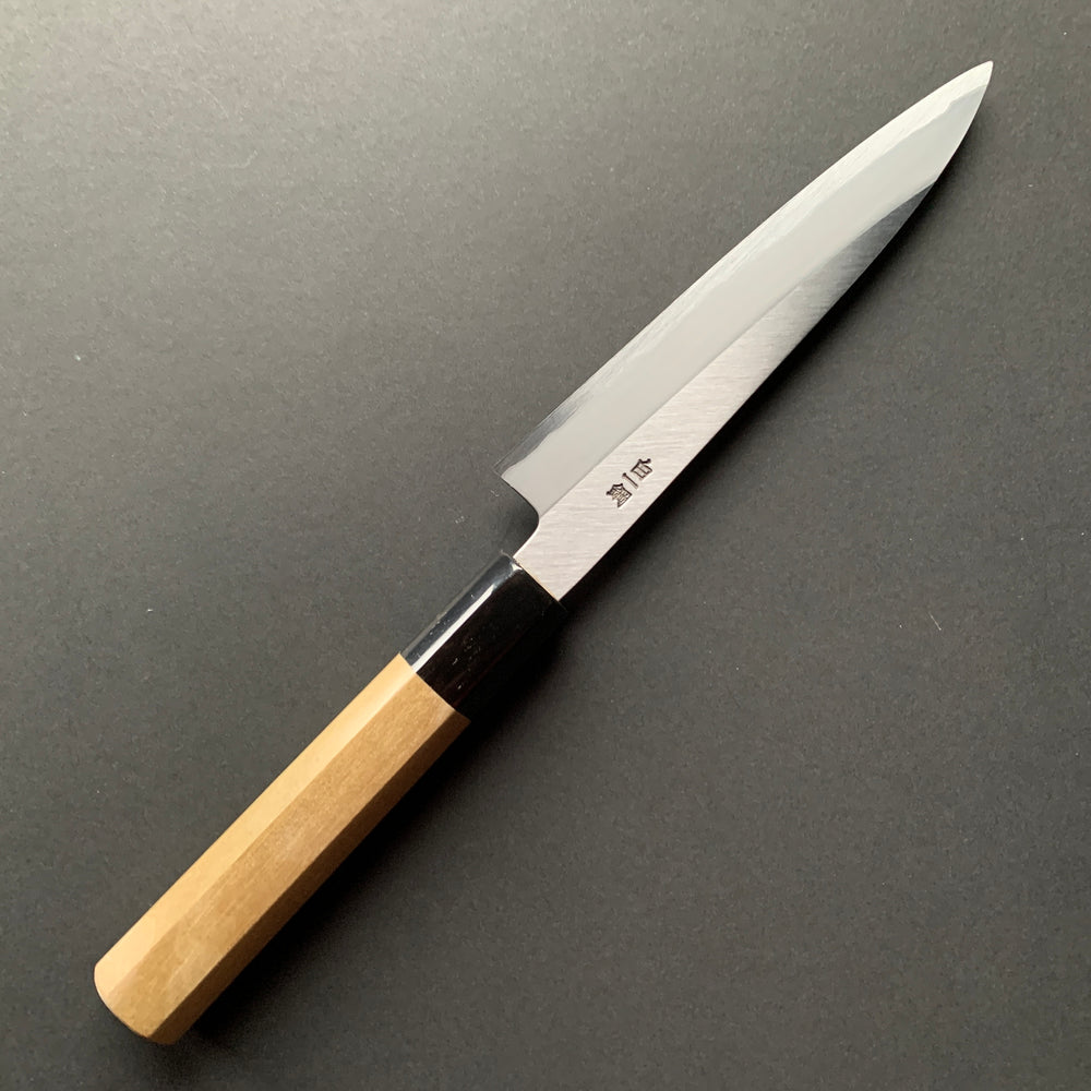 Petty Knife, Shirogami 1 Carbon Steel with Stainless Steel cladding, Polished finish - Sakai Kikumori x Nakagawa Hamono