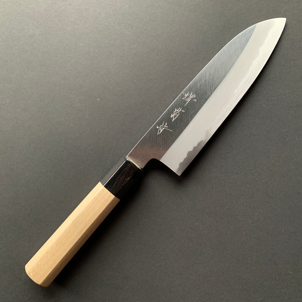 Santoku Knife, Shirogami 1 Carbon Steel with Stainless Steel cladding, Polished finish - Sakai Kikumori x Nakagawa Hamono