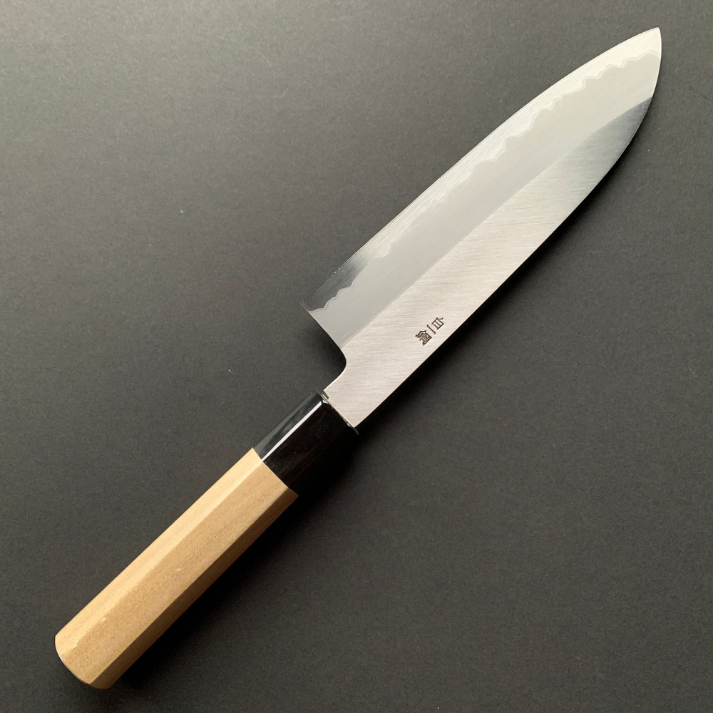 Santoku Knife, Shirogami 1 Carbon Steel with Stainless Steel cladding, Polished finish - Sakai Kikumori x Nakagawa Hamono