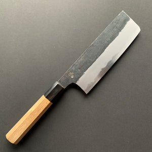 Nakiri Knife, Shirogami 2 with iron cladding, Kurouchi finish, Kikuzuki Kuro range - Sakai Kikumori