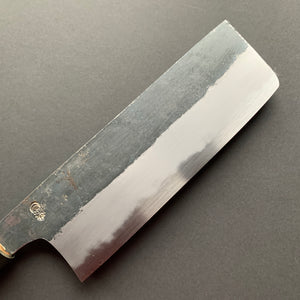 Nakiri Knife, Shirogami 2 with iron cladding, Kurouchi finish, Kikuzuki Kuro range - Sakai Kikumori