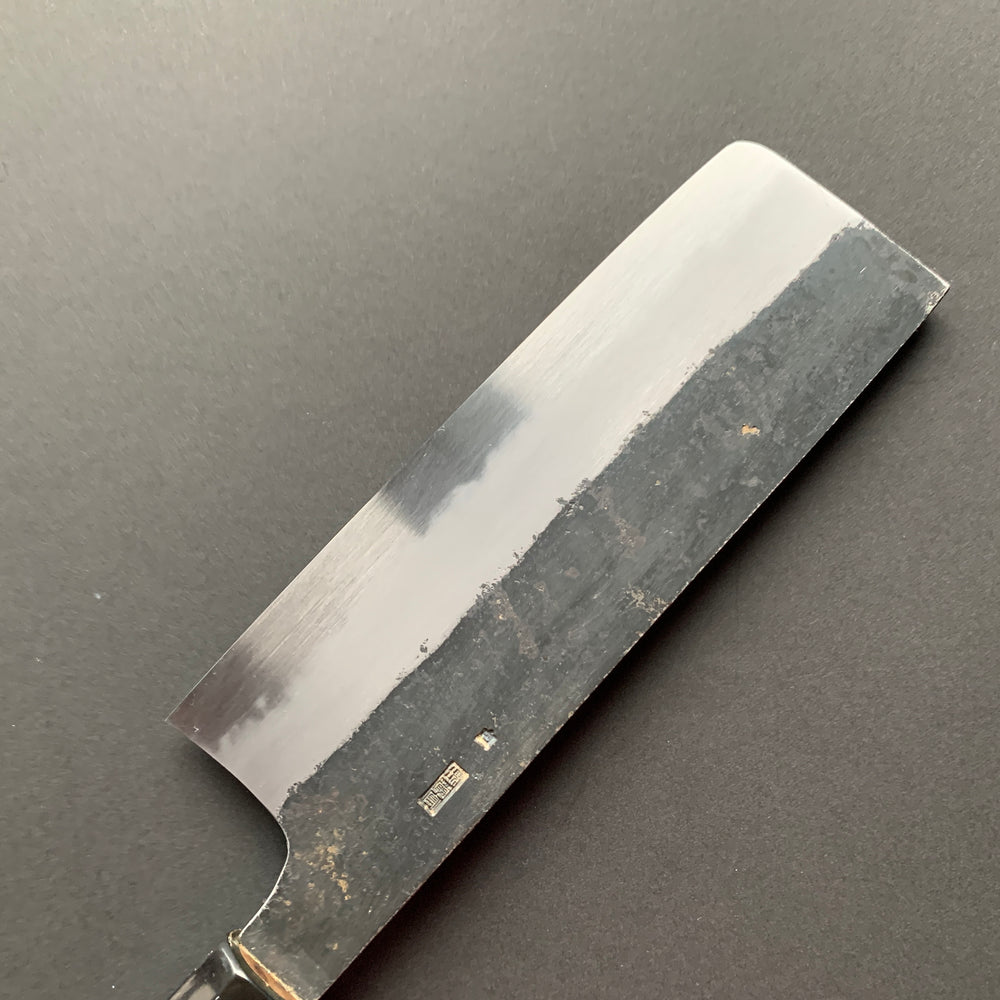 Nakiri Knife, Shirogami 2 with iron cladding, Kurouchi finish, Kikuzuki Kuro range - Sakai Kikumori