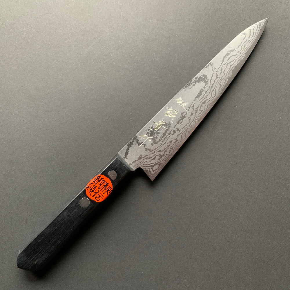 Petty knife, VG10, damascus finish, black handle - Shigeki Tanaka