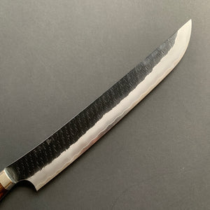 Sakimaru Sujihiki knife, SG2 powder steel, Kurouchi Tsuchime finish, Western style Desert Ironwood handle - Nigara