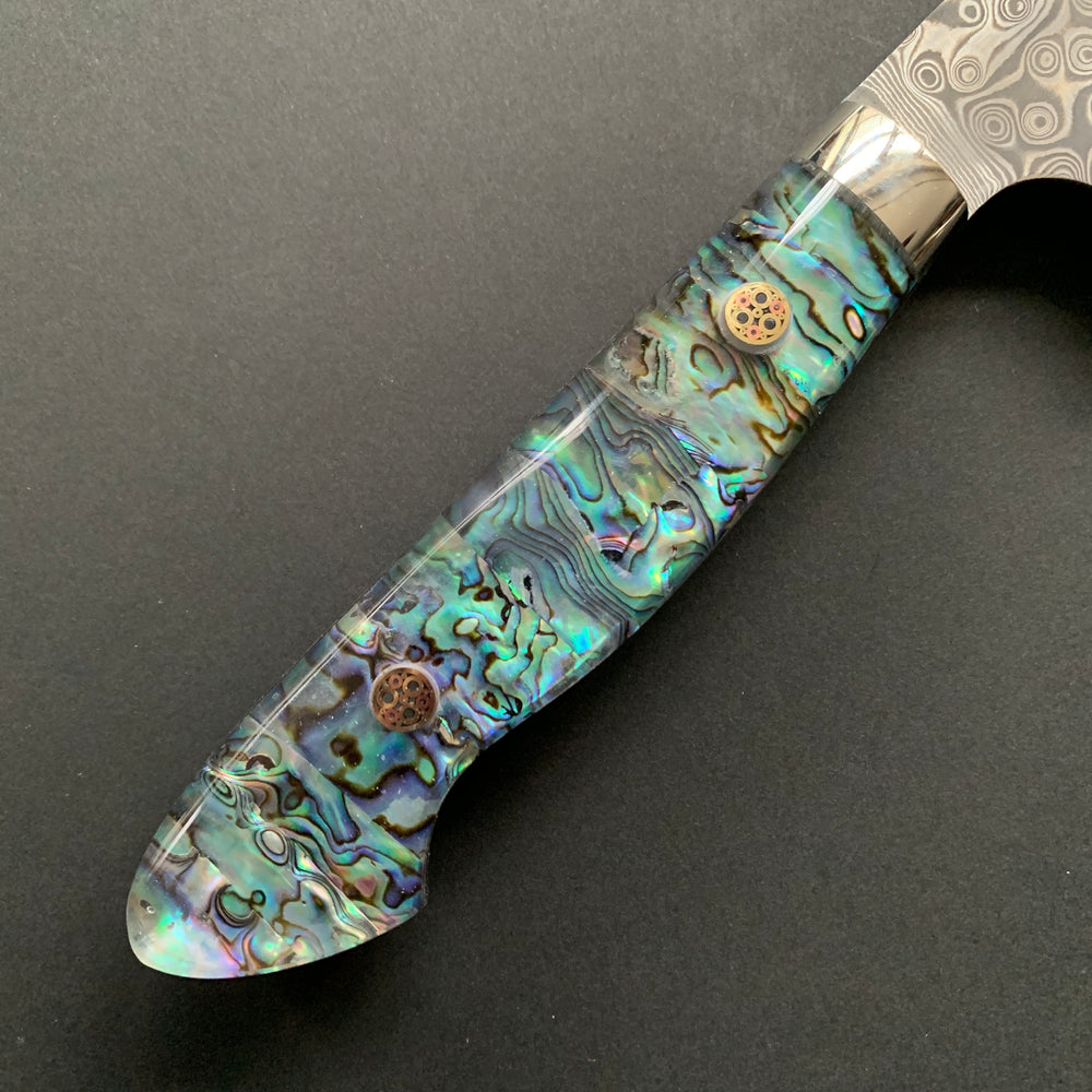 Santoku knife, SG2 powder steel, Damascus finish, Western style Abalone handle - Nigara