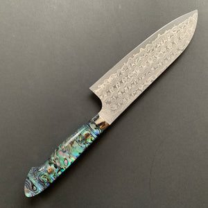 Santoku knife, SG2 powder steel, Damascus finish, Western style Abalone handle - Nigara