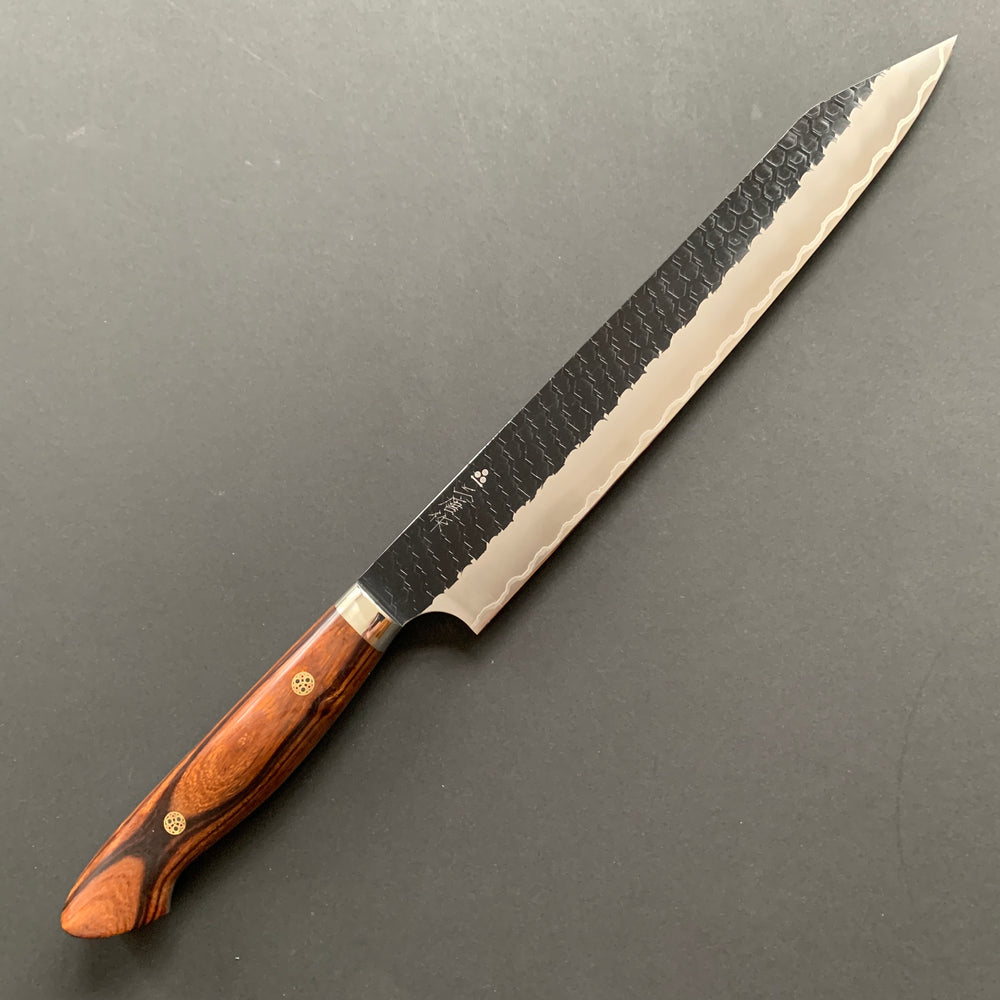 Kiritsuke Sujihiki knife, SG2 powder steel, Kurouchi and Tsuchime finish, Western style Ironwood handle - Nigara