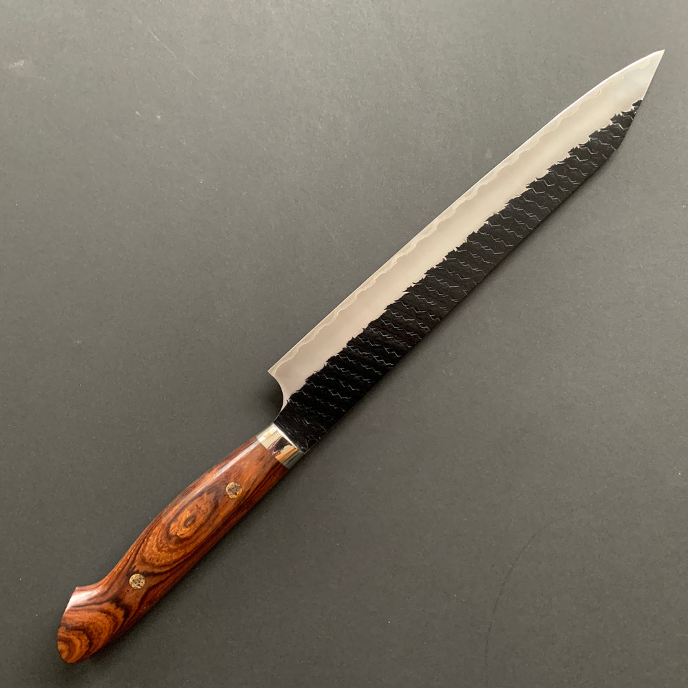 Kiritsuke Sujihiki knife, SG2 powder steel, Kurouchi and Tsuchime finish, Western style Ironwood handle - Nigara