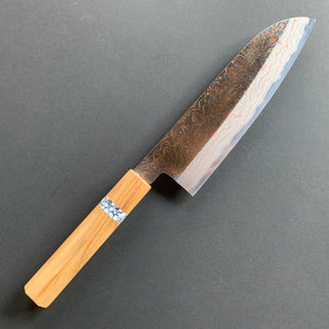 Santoku knife, Aogami 2, Stainless Steel clad, Coloured damascus finish - Mutsumi Hinoura