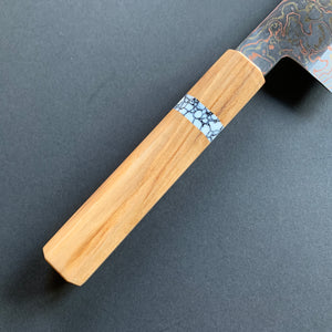 Santoku knife, Aogami 2, Stainless Steel clad, Coloured damascus finish - Mutsumi Hinoura