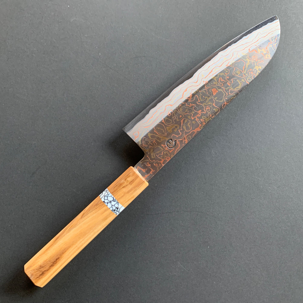 Santoku knife, Aogami 2, Stainless Steel clad, Coloured damascus finish - Mutsumi Hinoura