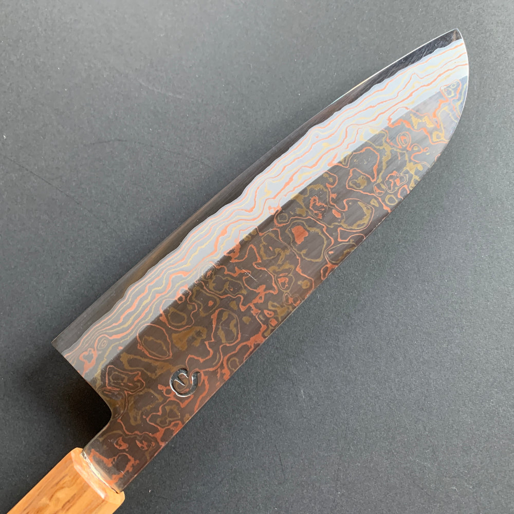 Santoku knife, Aogami 2, Stainless Steel clad, Coloured damascus finish - Mutsumi Hinoura